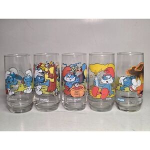 5 Vintage SMURF Hardee's Drinking Glasses 1982-1983 Peyo Papa Jokey Brainy